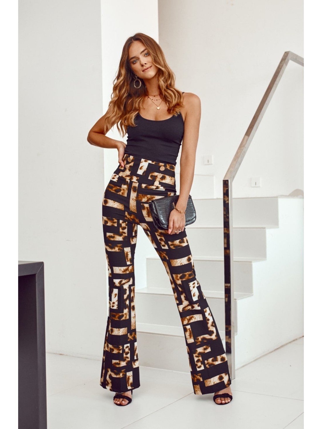 Elegant animal print bell-bottom trousers, black and beige 50200 - Online store - Boutique